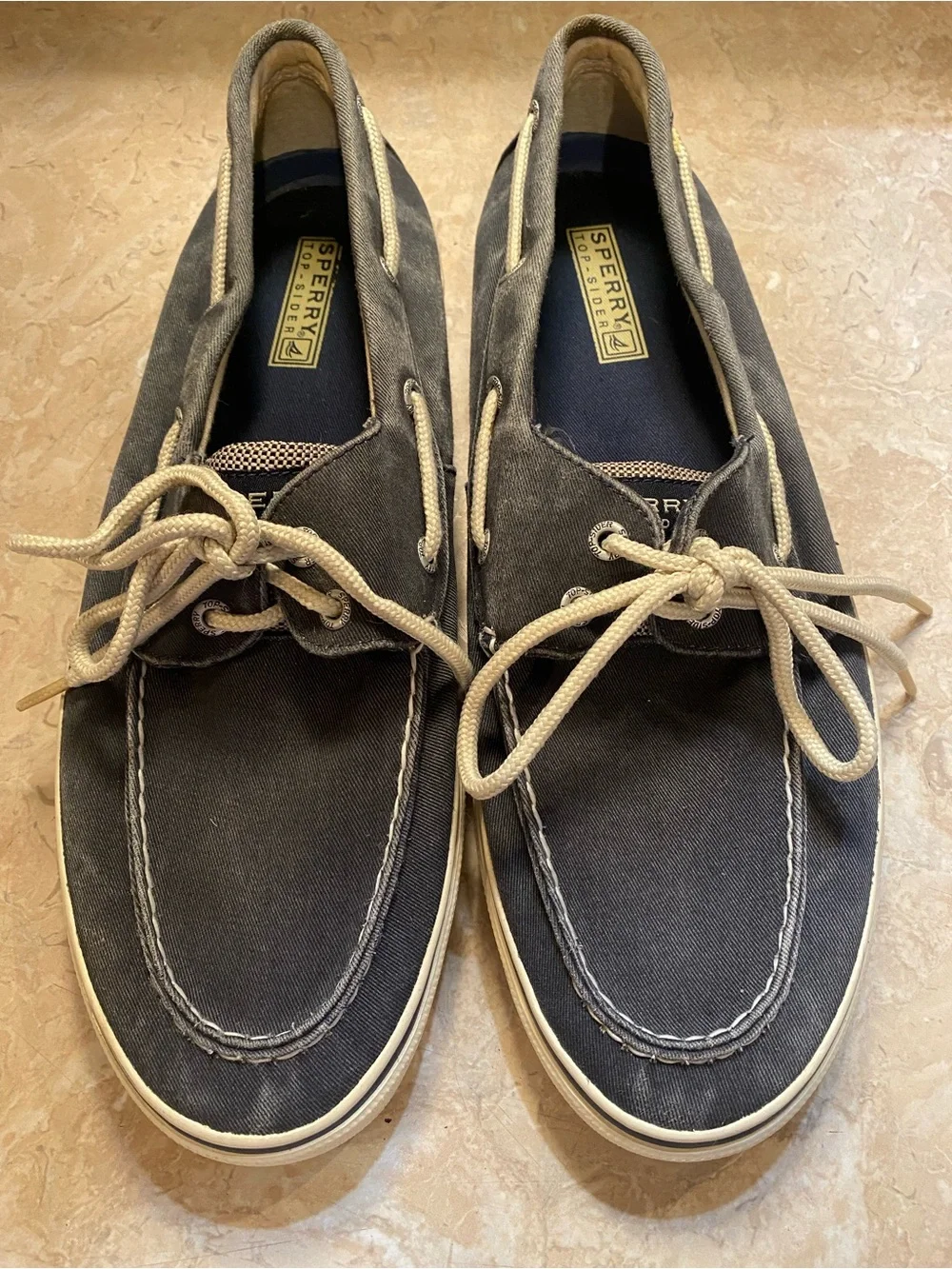Sperry Men's Charcoal Canvas Boat Shoes with Beige Laces